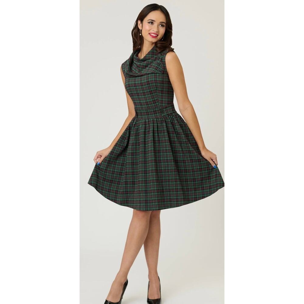 Smak Parlour Unique Vintage Green Red Plaid Funnel Neck Fit & Flare Dress M NWT
